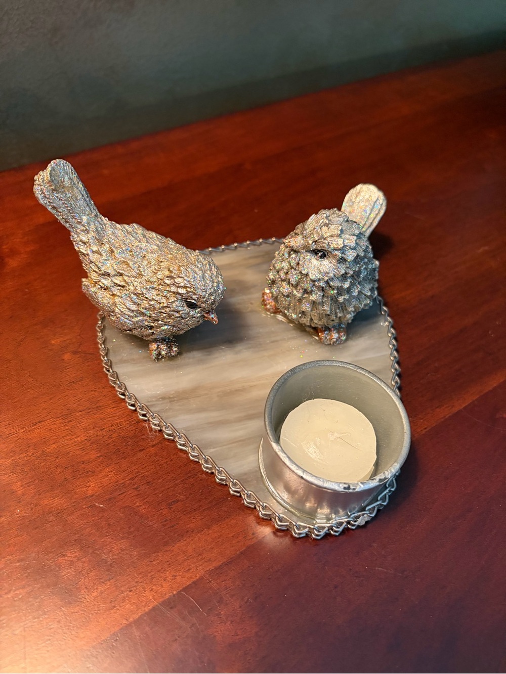 Silver Glitter Bird Tealight Holder